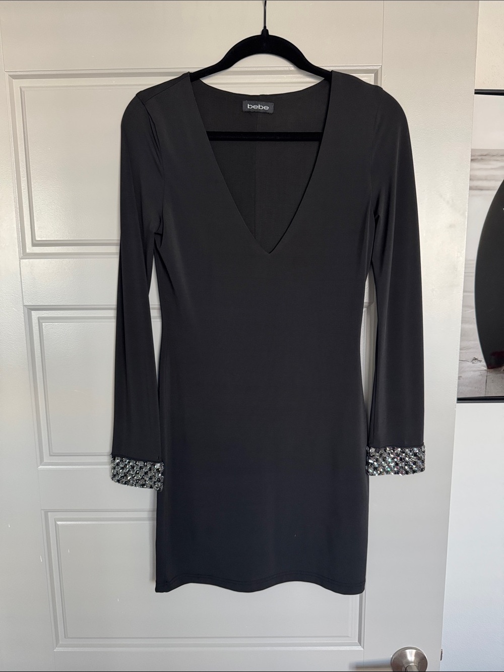 BEBE Black Long-Sleeve V-Neck Dress with Sequin Cuffs, M